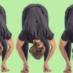 Three images of a man practicing Big Toe Pose against a lime green background.