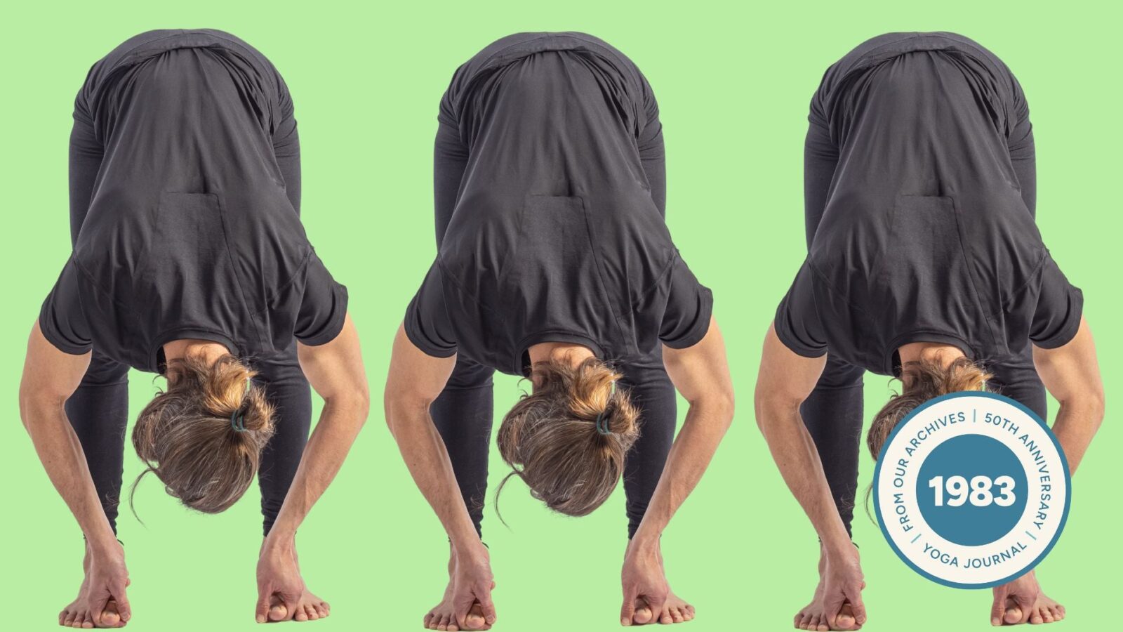 Three images of a man practicing Big Toe Pose against a lime green background.