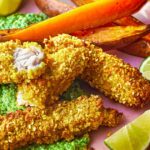 Coconut & lime fish fingers with sweet potato wedges & crushed coconut peas
