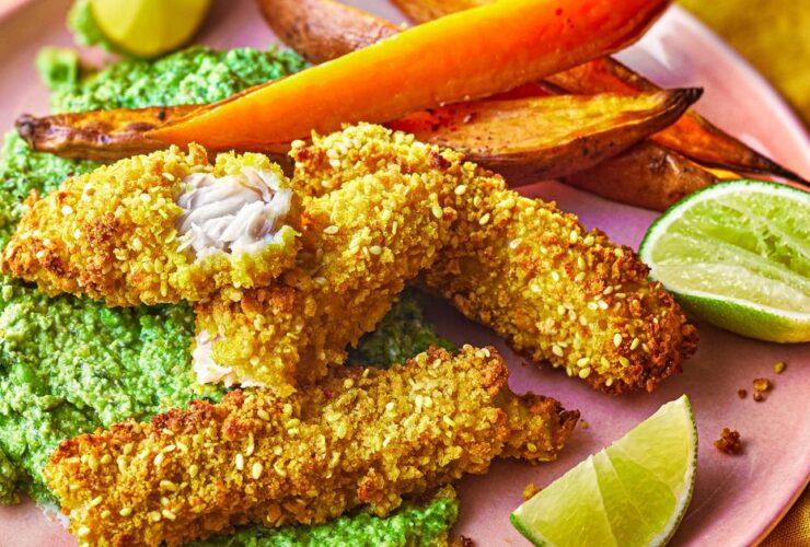 Coconut & lime fish fingers with sweet potato wedges & crushed coconut peas