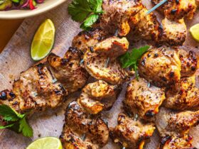 Peanut butter pork skewers with crunchy zingy slaw