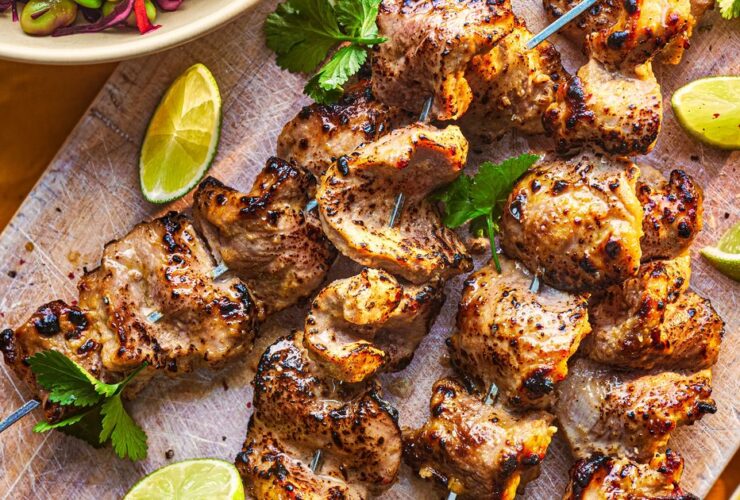 Peanut butter pork skewers with crunchy zingy slaw