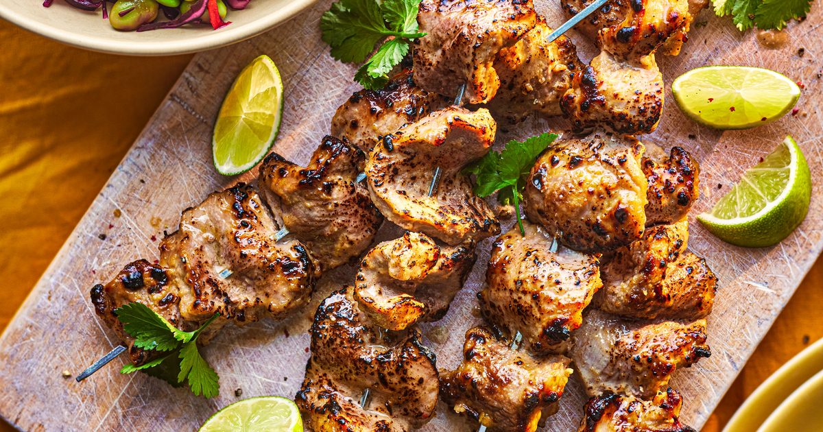 Peanut butter pork skewers with crunchy zingy slaw