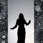 Collage of outer space and a black and white image of a woman's silhouette dancing at dusk