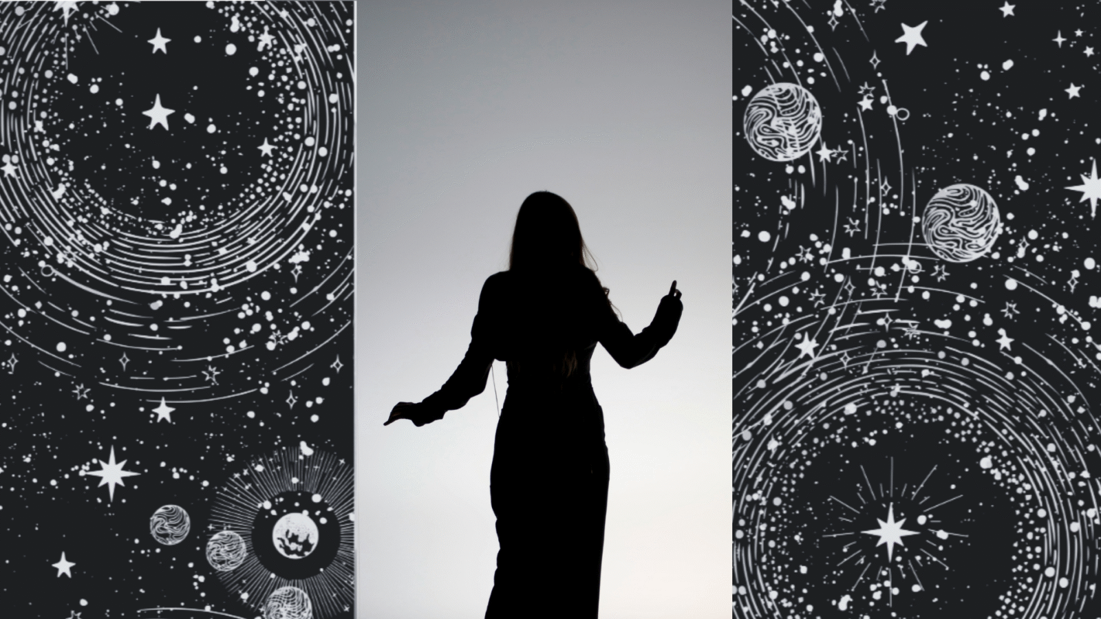 Collage of outer space and a black and white image of a woman's silhouette dancing at dusk