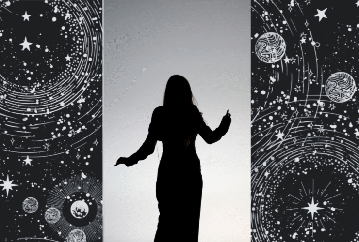 Collage of outer space and a black and white image of a woman's silhouette dancing at dusk