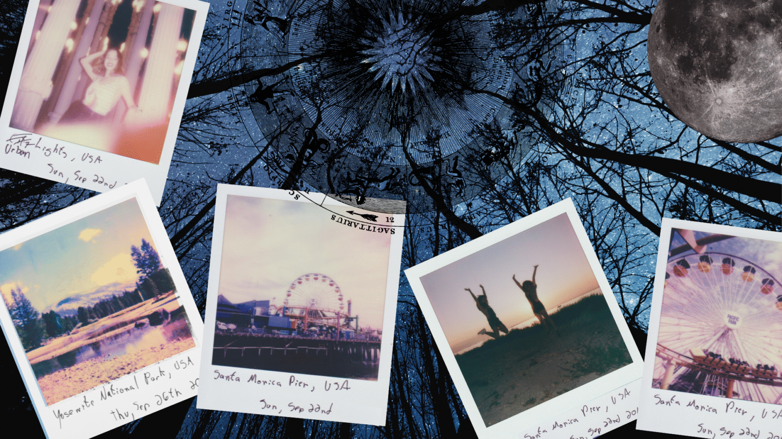 Collage of polaroid images on a backdrop of a winter night during the new Moon in Sagittarius December 2025