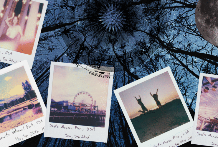 Collage of polaroid images on a backdrop of a winter night during the new Moon in Sagittarius December 2025