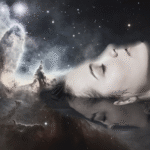 A woman floating in space, similar to the experience of a sensory deprivation tank