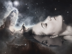 A woman floating in space, similar to the experience of a sensory deprivation tank