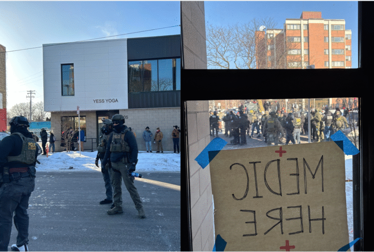 Photos taken from inside and outside a building on or near 26th Street in Minneapolis on January 24, 2026