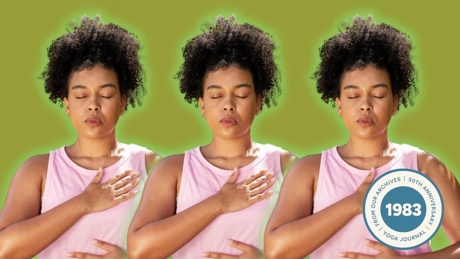 A woman taking deep breaths, part of a pranayama practice