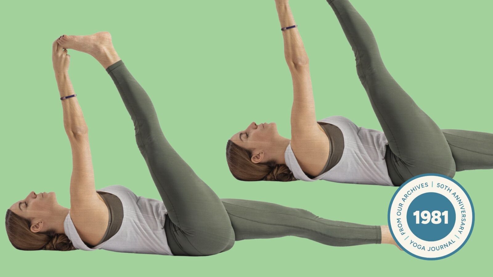 Image of woman practicing reclining big toe pose set against lime green background.