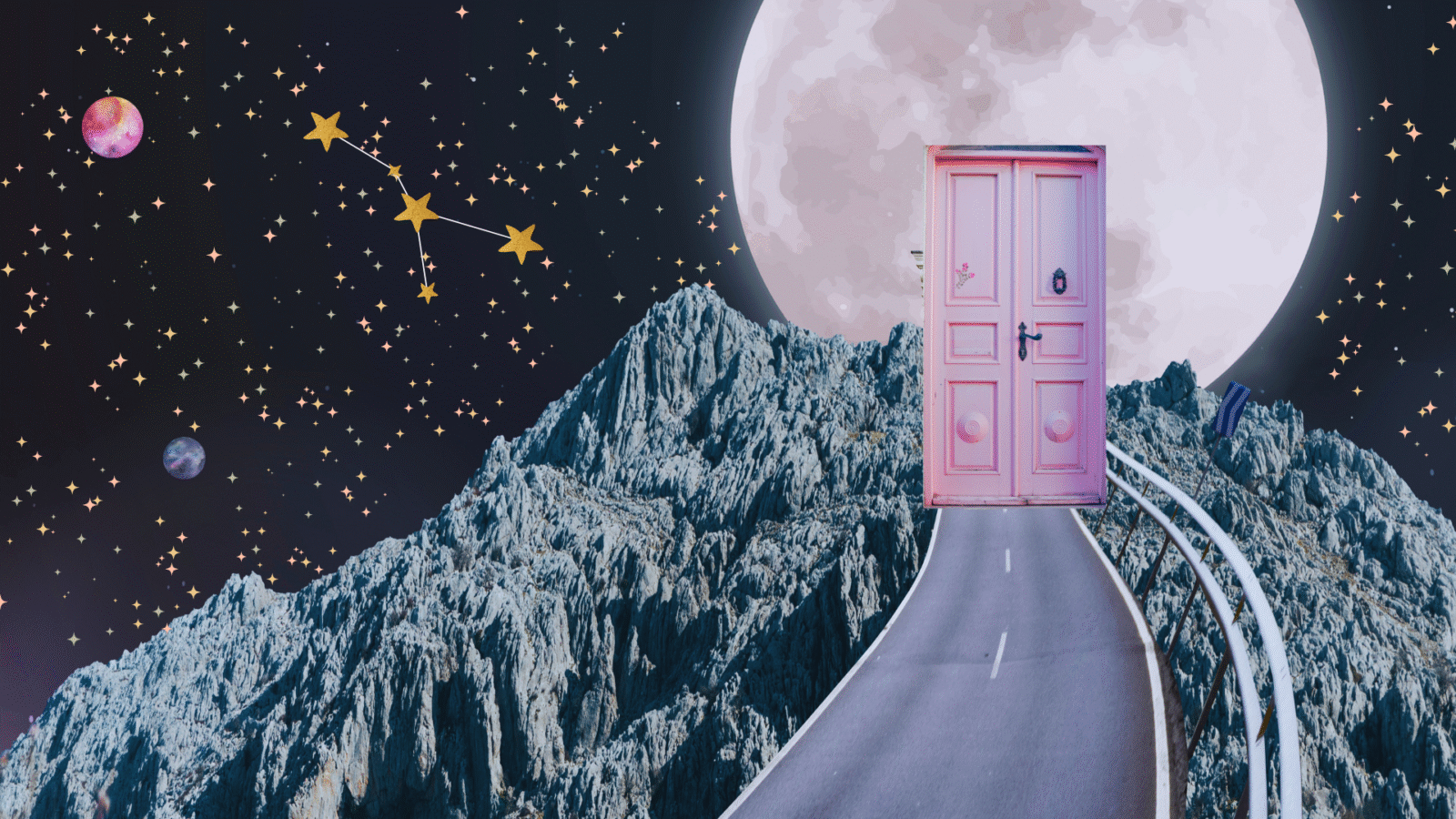 Background of stars with a front door leading to a full Moon in Cancer January 2026