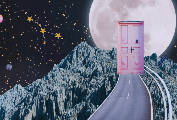 Background of stars with a front door leading to a full Moon in Cancer January 2026