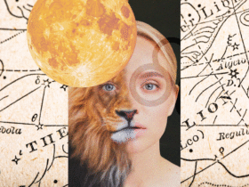 Photo illustration of a vintage illustration of the constellation Leo with an image of half woman half lion and the full Moon