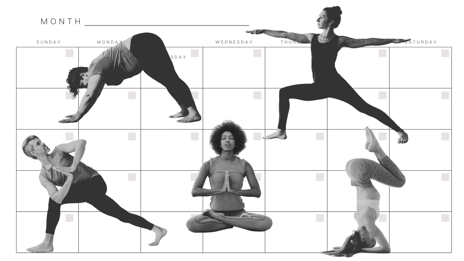 Five people doing yoga against the backdrop of a calendar