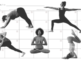 Five people doing yoga against the backdrop of a calendar