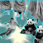 pieces of good news: monks walking, a man skiing, pandas, a spiritual statue