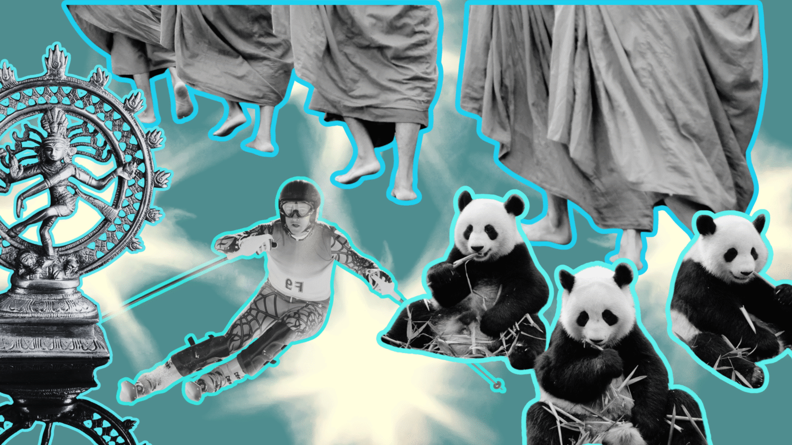 pieces of good news: monks walking, a man skiing, pandas, a spiritual statue