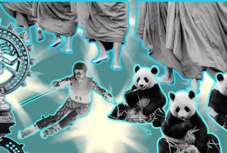 pieces of good news: monks walking, a man skiing, pandas, a spiritual statue