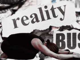 Collage of newspaper headlines with the image of a woman practicing yoga for anxiety on top of them