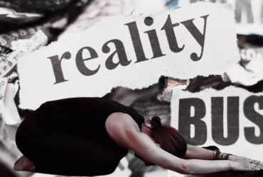 Collage of newspaper headlines with the image of a woman practicing yoga for anxiety on top of them