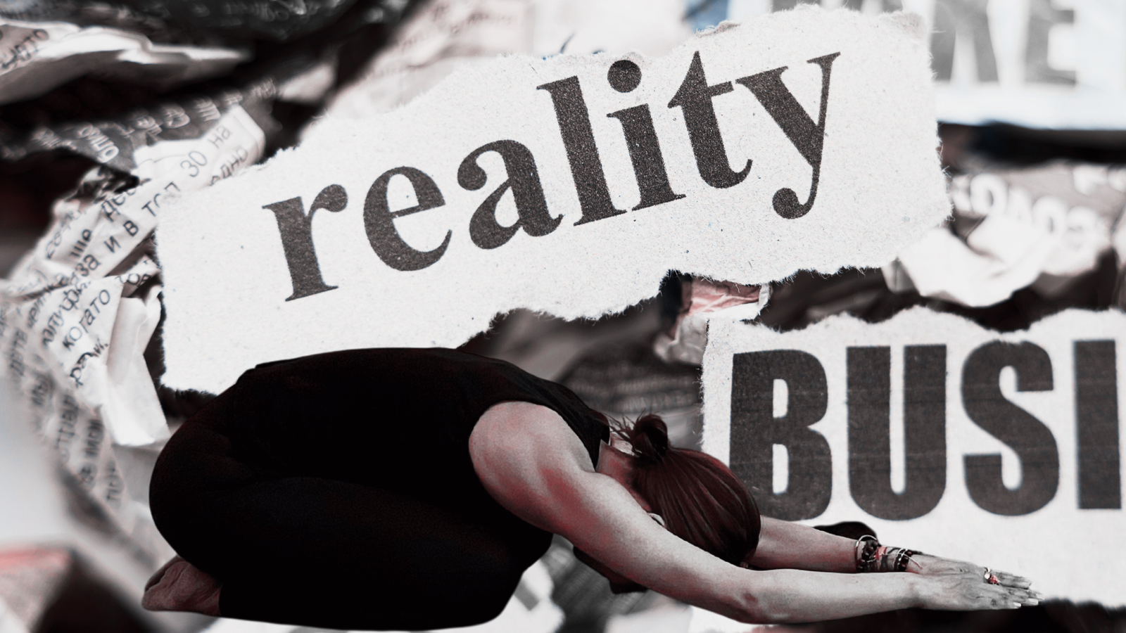 Collage of newspaper headlines with the image of a woman practicing yoga for anxiety on top of them