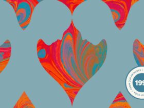 Illustrations of couples over an abstract background