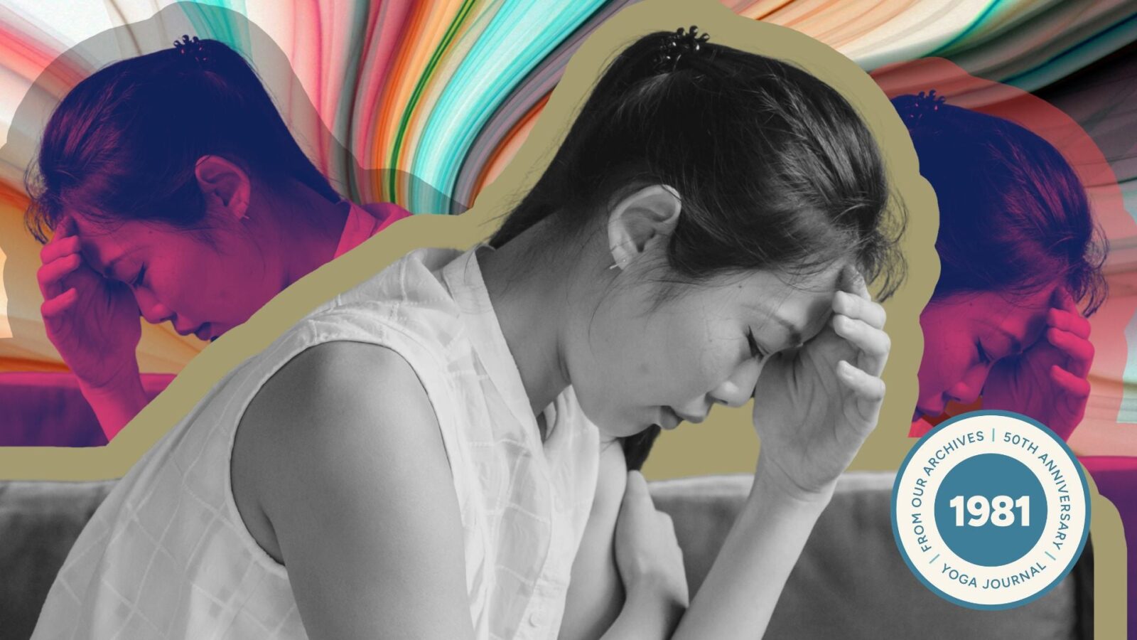 Colorful image of a woman holding her head in her hands