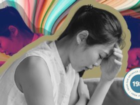 Colorful image of a woman holding her head in her hands