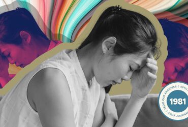Colorful image of a woman holding her head in her hands