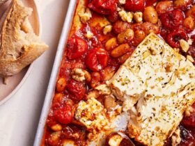 Spiced baked feta with bean ragu & walnuts recipe