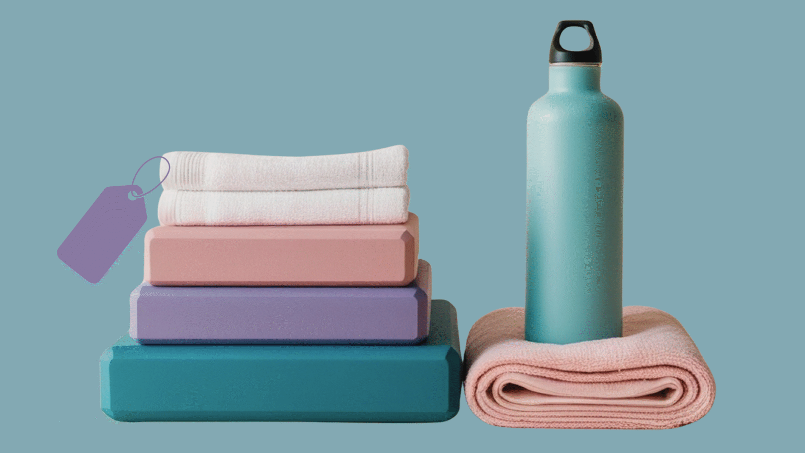 Yoga discounts: a stack of blacks, a towel, and a water bottle