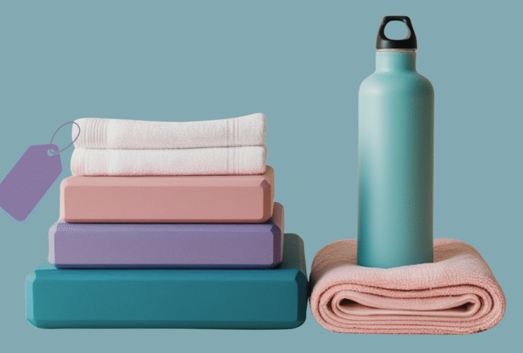 Yoga discounts: a stack of blacks, a towel, and a water bottle