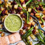 Trout, potato & olive traybake with parsley & lemon green sauce