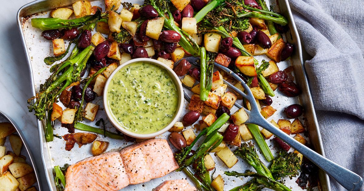 Trout, potato & olive traybake with parsley & lemon green sauce