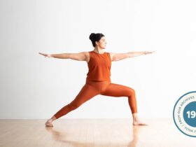 Woman practicing Warrior 2.