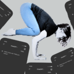 A woman in crow pose surrounded by phones with ChatGPT prompts