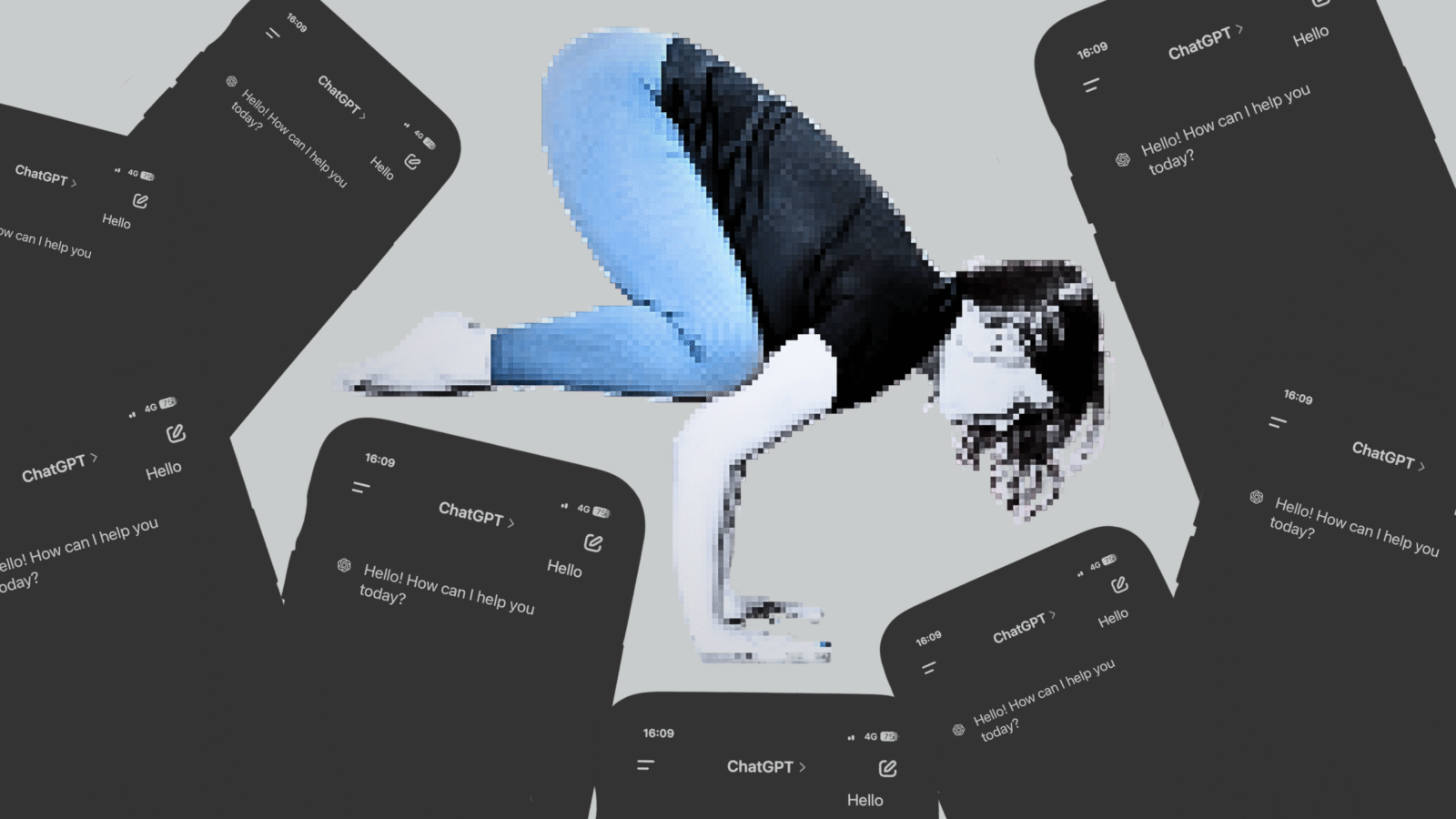 A woman in crow pose surrounded by phones with ChatGPT prompts