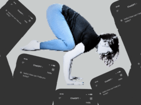 A woman in crow pose surrounded by phones with ChatGPT prompts