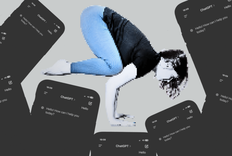 A woman in crow pose surrounded by phones with ChatGPT prompts