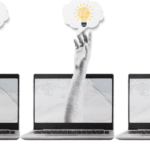 Photo illustration collage of 3 laptop computers each with a hand reaching out from the screen and grabbing a thought bubble with a light bulb symbolizing stealing intellectual property or the concept of asteya