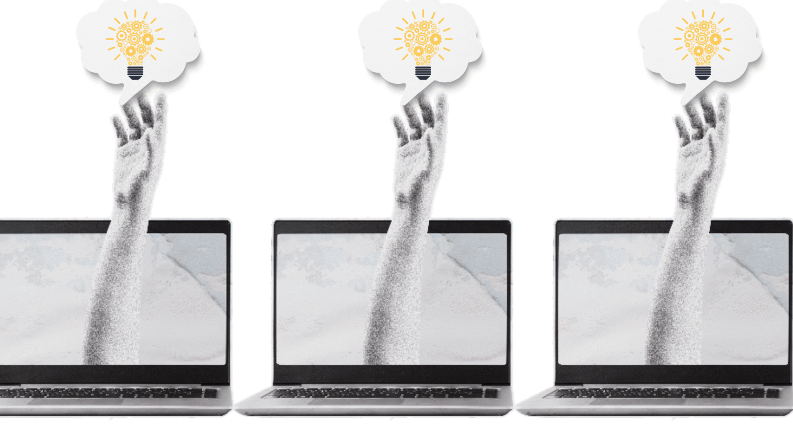 Photo illustration collage of 3 laptop computers each with a hand reaching out from the screen and grabbing a thought bubble with a light bulb symbolizing stealing intellectual property or the concept of asteya