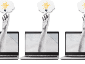 Photo illustration collage of 3 laptop computers each with a hand reaching out from the screen and grabbing a thought bubble with a light bulb symbolizing stealing intellectual property or the concept of asteya