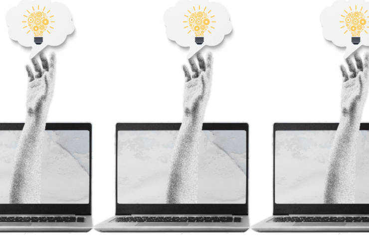 Photo illustration collage of 3 laptop computers each with a hand reaching out from the screen and grabbing a thought bubble with a light bulb symbolizing stealing intellectual property or the concept of asteya