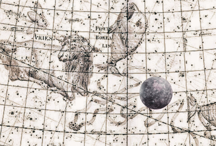Vintage map of the constellations PIsces and Aries with Mercury retrograde overlaid on top