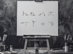 Black and white image of a canvas on an easel with a creative yoga sequence on the paper