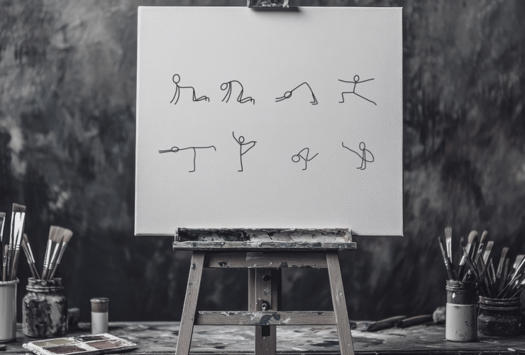 Black and white image of a canvas on an easel with a creative yoga sequence on the paper