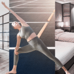 Woman practicing yoga against a backdrop of various office, parking lot, and hotel scenarios